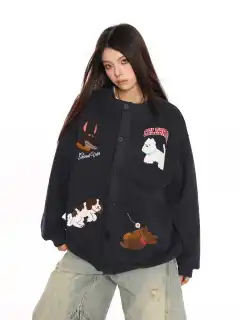 Retro Fashion Brand Towel Embroidery Heavy Cardigan Sweater - Navy - View 1