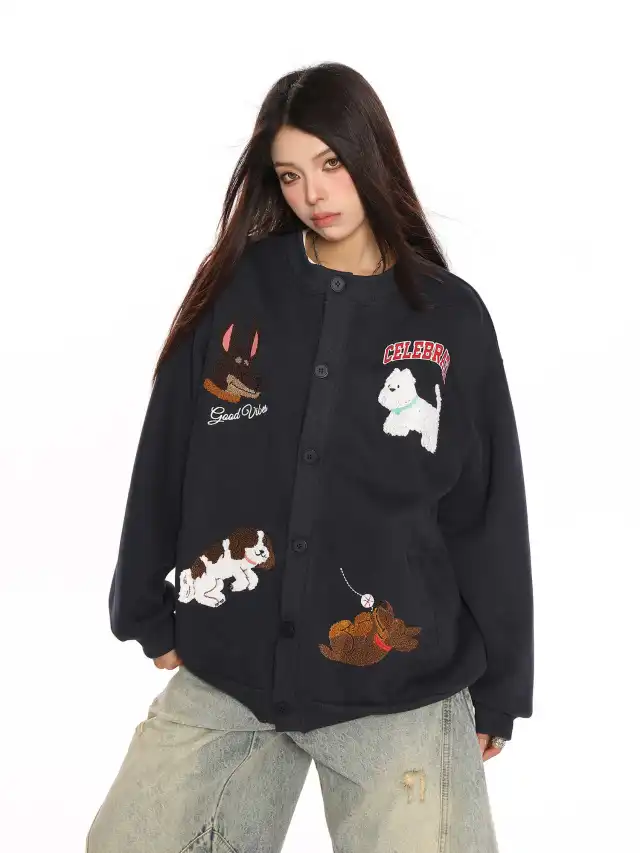Retro Fashion Brand Towel Embroidery Heavy Cardigan Sweater Navy - Shop at LoveMi