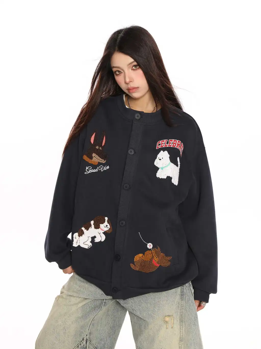 Retro Fashion Brand Towel Embroidery Heavy Cardigan Sweater - Navy