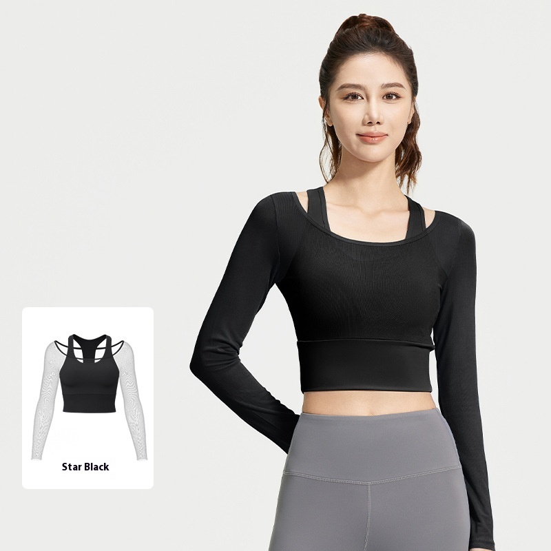 Mesh Yarn False Two Pieces Yoga Clothes Long sleeved Top Black - Shop at LoveMi