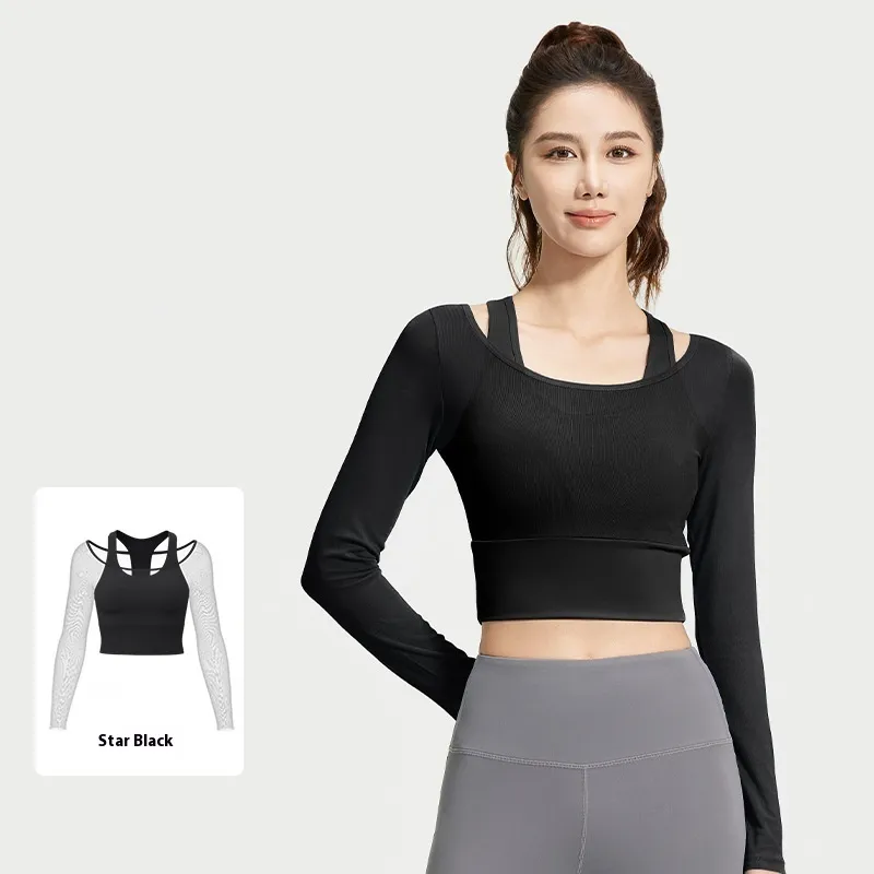 Mesh Yarn False Two Pieces Yoga Clothes Long-sleeved Top - Black