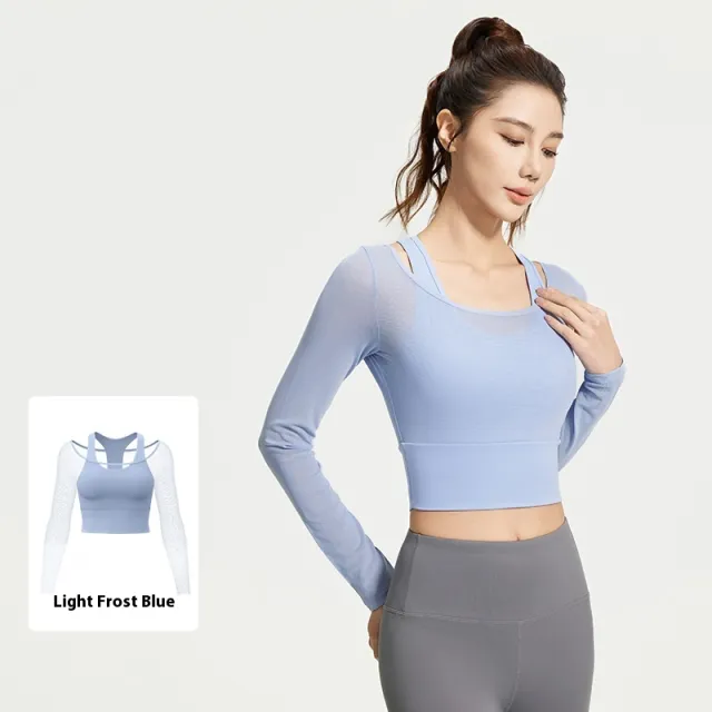 Mesh Yarn False Two Pieces Yoga Clothes Long sleeved Top Blue - Shop at LoveMi