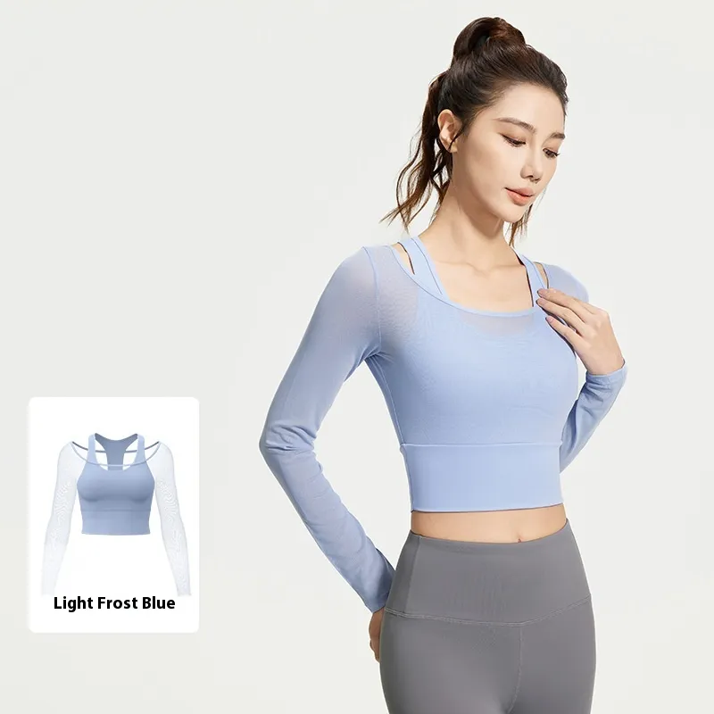Mesh Yarn False Two Pieces Yoga Clothes Long-sleeved Top - Blue