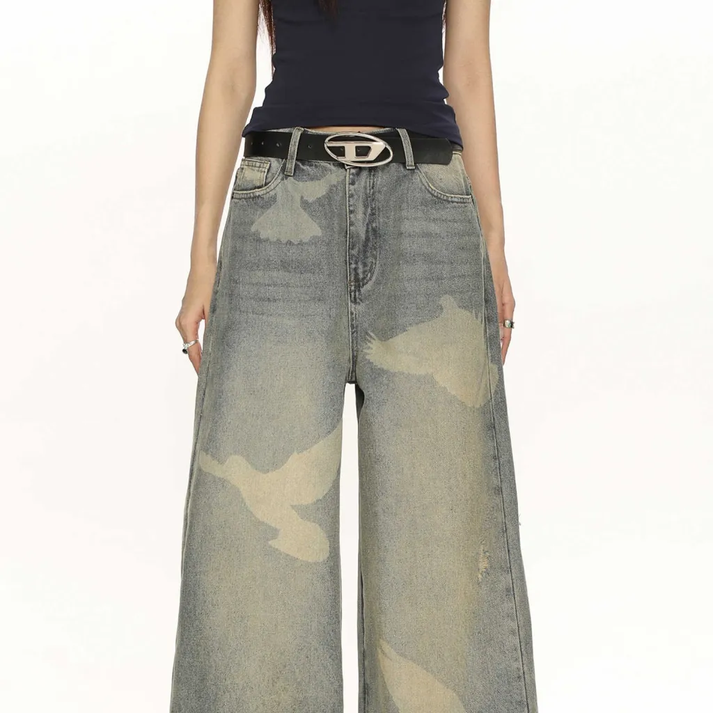 High-grade Pigeon Printed Personalized Chic Jeans - Light Blue
