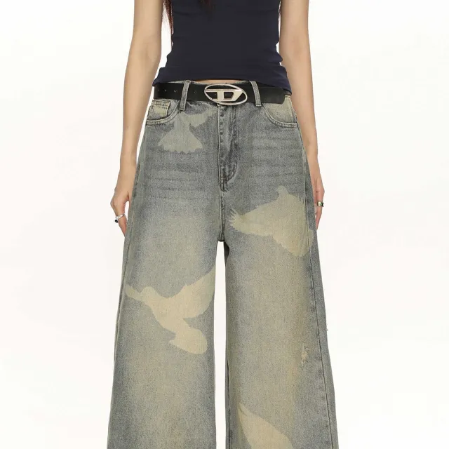 High grade Pigeon Printed Personalized Chic Jeans Light Blue - Shop at LoveMi