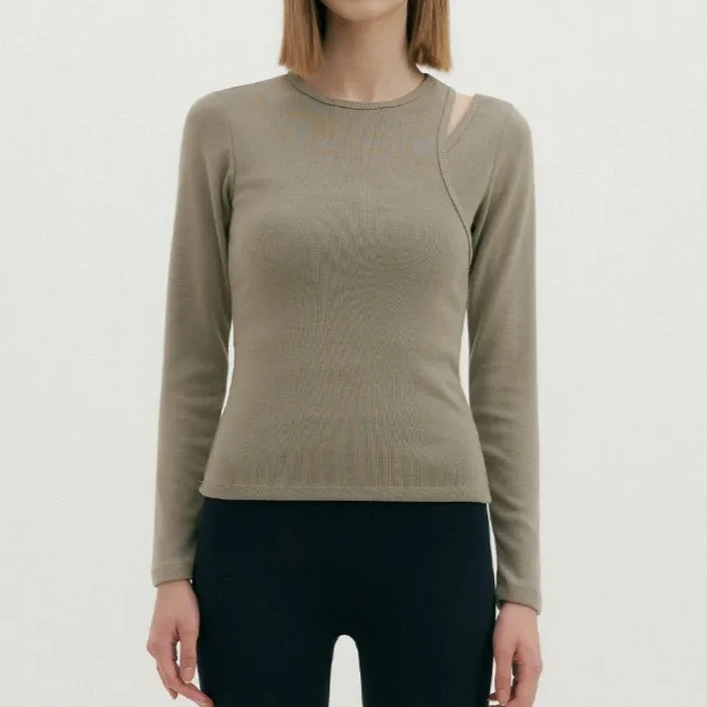 New Round Neck Long Sleeve Simple Solid Color Inner Wear Workout Top Gray Green - Shop at LoveMi