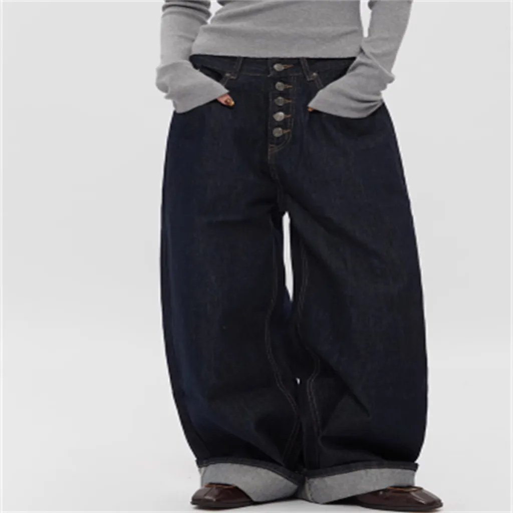 Spring And Autumn Straight Simple Retro Loose Wide-leg Jeans - Blue