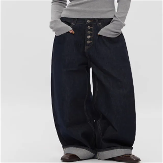 Spring And Autumn Straight Simple Retro Loose Wide leg Jeans Blue - Shop at LoveMi