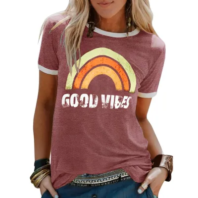 Women's Printed Round Neck Short Sleeve T-shirt - Wine Red