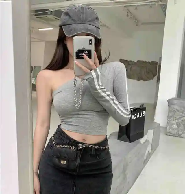 Solid Color Short Top Women's Off shoulder Long Sleeve Casual T shirt Gray - Shop at LoveMi