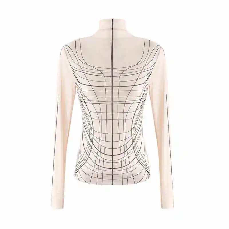Line Tattoo Clothing Turtleneck Bottoming Shirt Women's High Elastic Long Sleeve T-shirt - Apricot