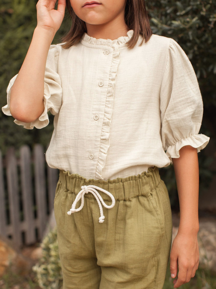 Girls' New Resin Buckle Bishop Sleeves Top
