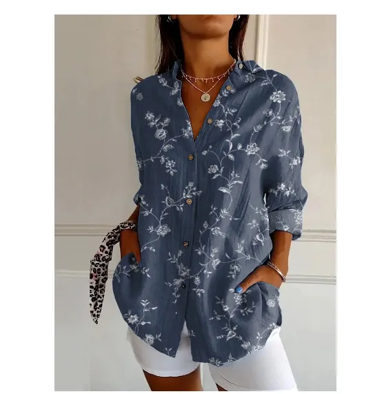 3D Color Matching Printing Pattern Autumn Leisure Loose Shirt Button Top Yk2155Bu - Shop at LoveMi