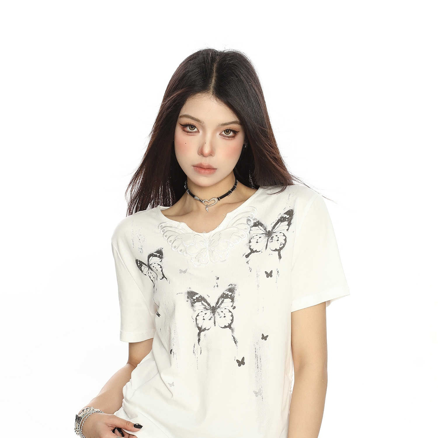 Korean Style Shoulder Ink Butterfly Print Short Sleeve