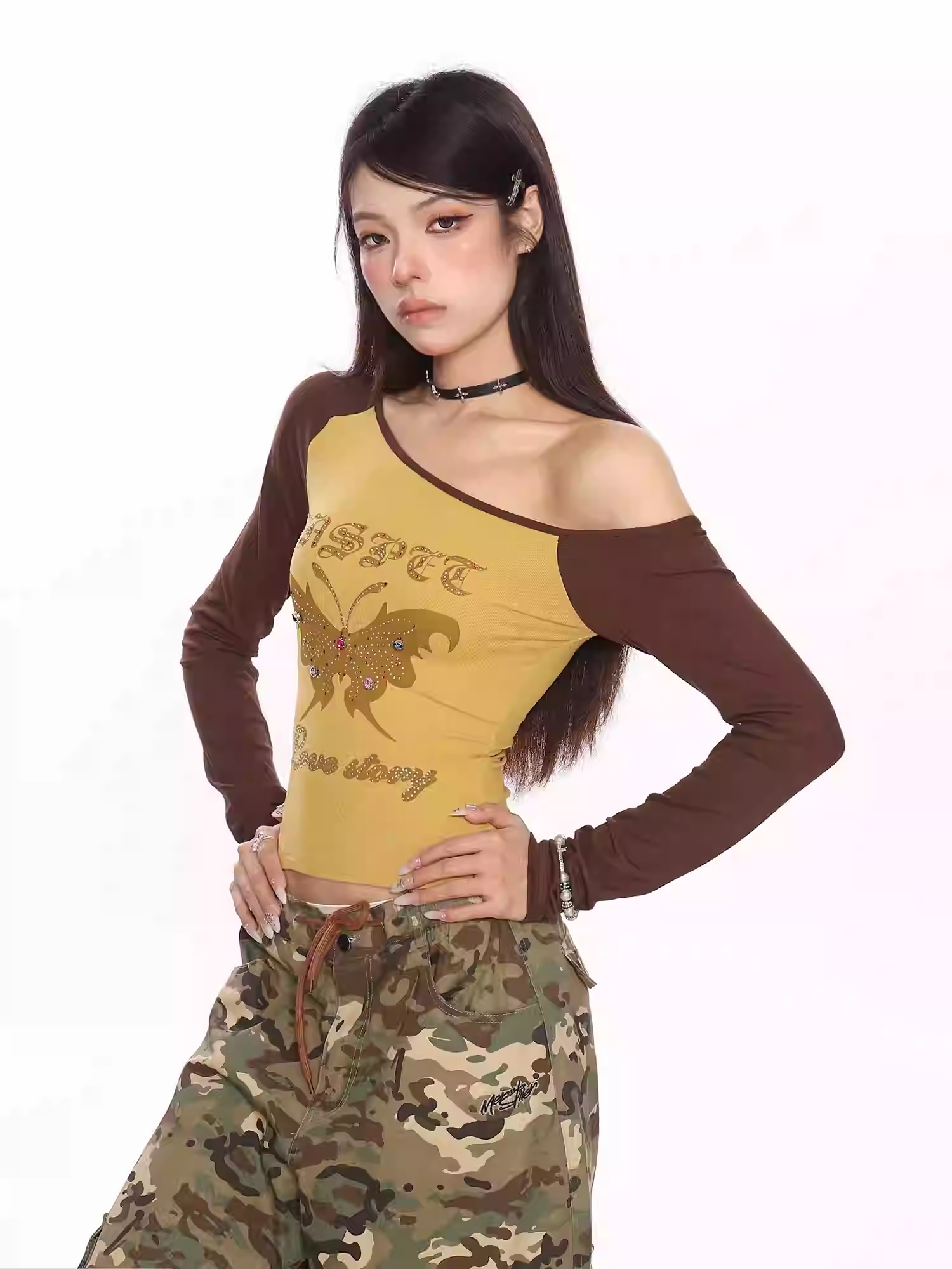 American Retro Hot Girl Beaded Printed Shoulder Long Sleeve T-shirt