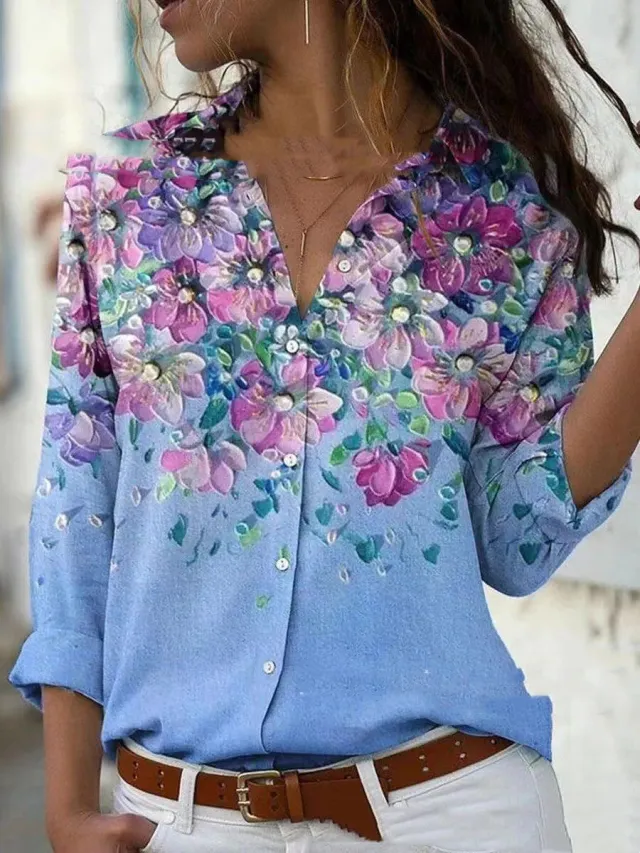 Fashion Printing Lapel Long Sleeve Shirt For Women 4Style S - Shop at LoveMi