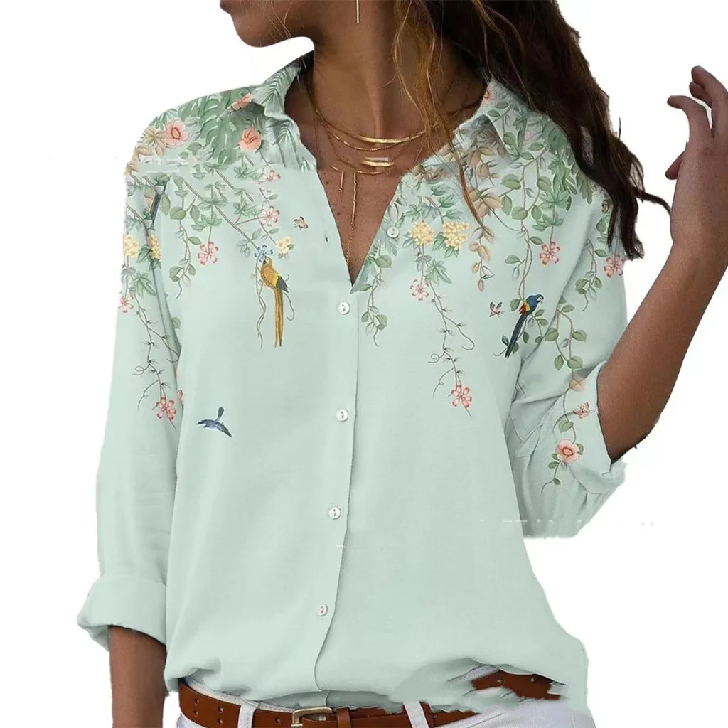 Fashion Printing Lapel Long Sleeve Shirt For Women - 3Style-5Xl