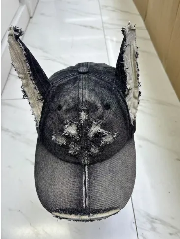 Waste Soil Wind Y2g Doberman Ear Baseball Cap Worn Looking Washed-out Denim - Black