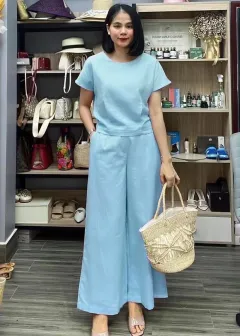 Short Sleeved Temperament Commuting Two-piece Set For Women - Sky Blue - View 1