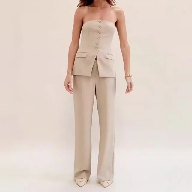 Graceful Tube Top Suit Fashion Button Sleeveless Top And Straight Pants Women's Trousers Set Apricot - Shop at LoveMi