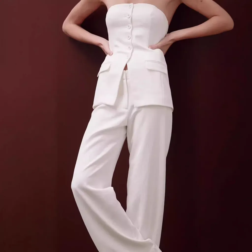 Graceful Tube Top Suit Fashion Button Sleeveless Top And Straight Pants Women's Trousers Set - White