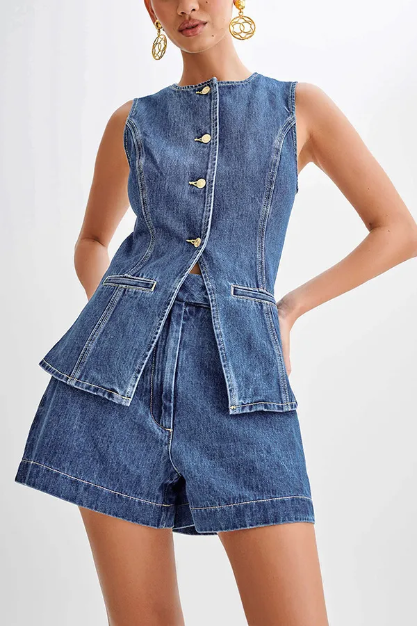 High Waisted Women's Suit Denim Shorts Light Blue Set - Shop at LoveMi