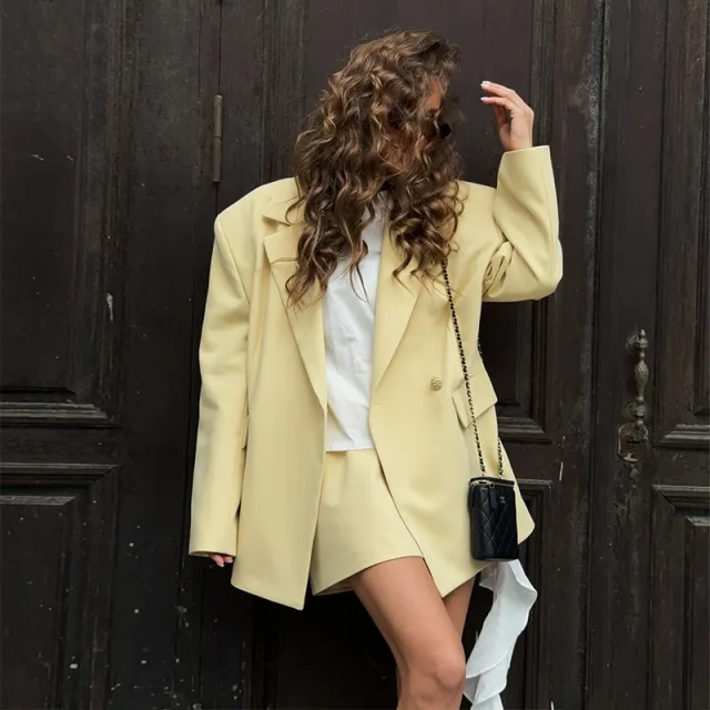 Double Breasted Advanced Design Slimming Loose All matching Suit Jacket Light Yellow - Shop at LoveMi