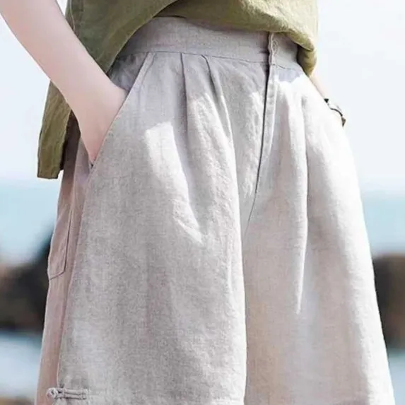 Linen Wide-leg Half Pants Female Loose Retro