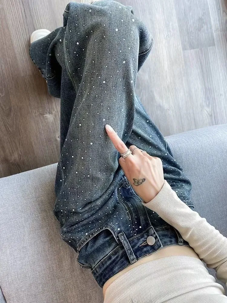 Korean Style Rhinestone High Waist Narrow Wide Leg Jeans - Blue