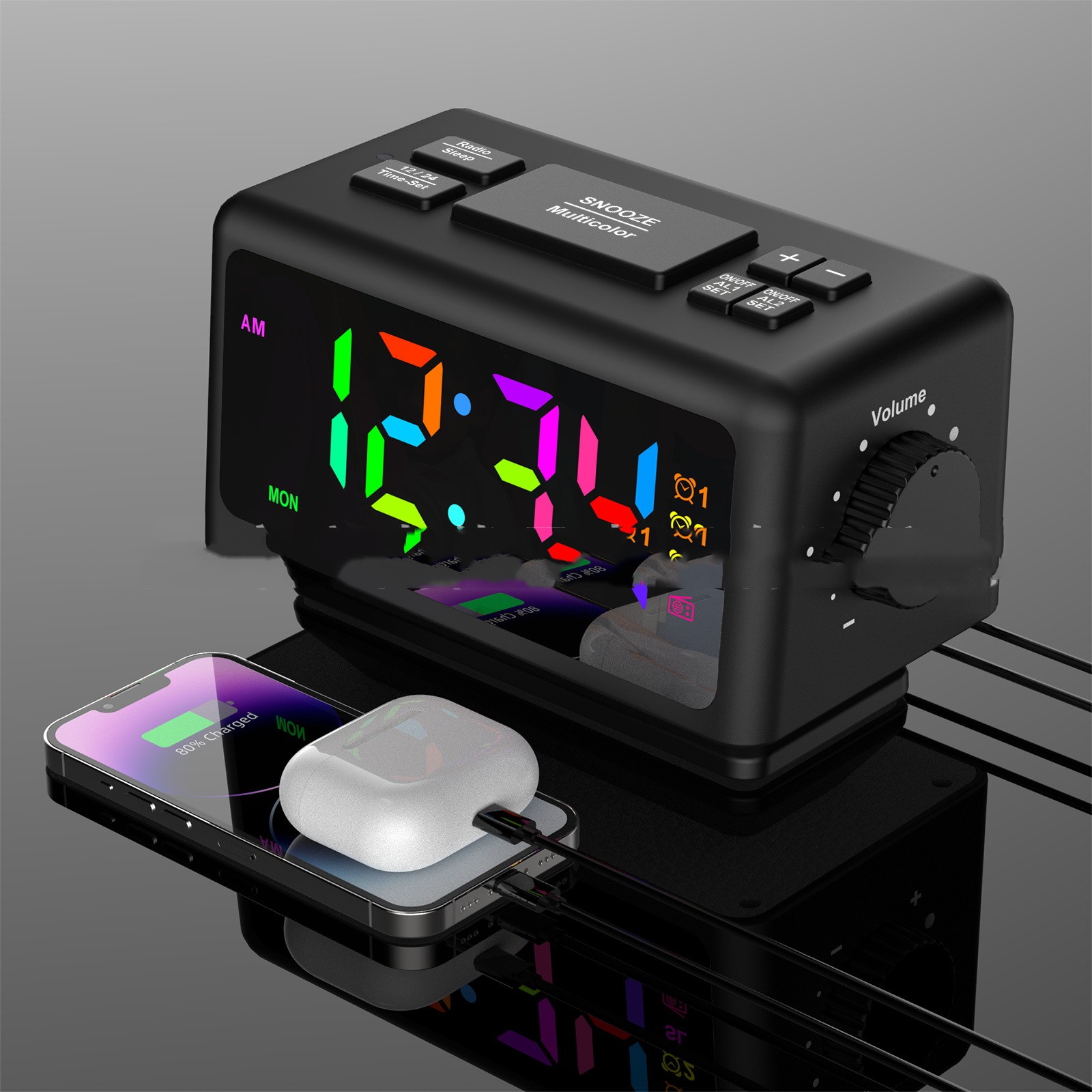 RGB Colorful LED Mirror Clock Electronic Clock