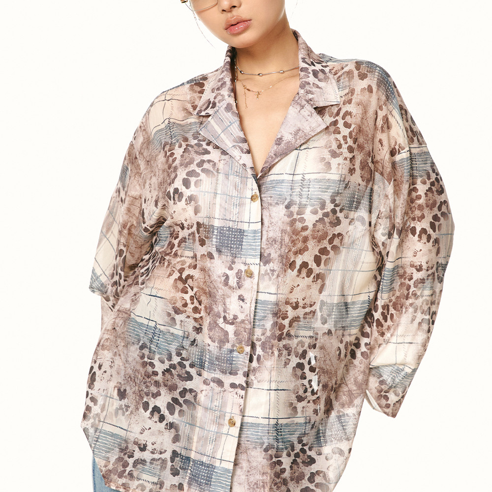 Leopard Print Wooden Ear Loose Fit Slimming Shirt