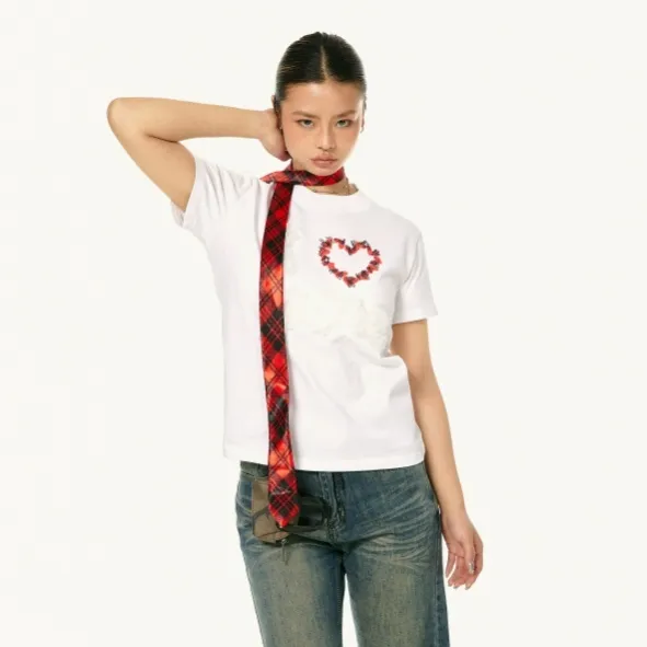 Plush Decoration Love Embroidered Short sleeved Cotton Casual Shoulder Top White - Shop at LoveMi