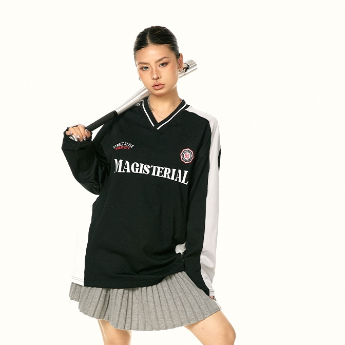 American Casual Letter Long Sleeve Stitching Raglan Sports Style Top