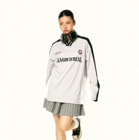 American Casual Letter Long Sleeve Stitching Raglan Sports Style Top Light Gray - Shop at LoveMi