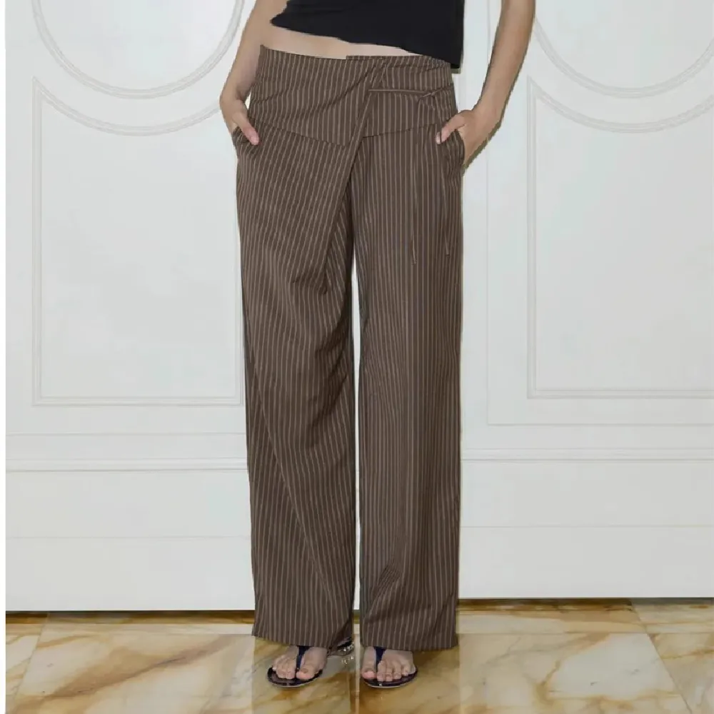 Women's Striped Casual Lace Up Loose Trousers - Dark Brown