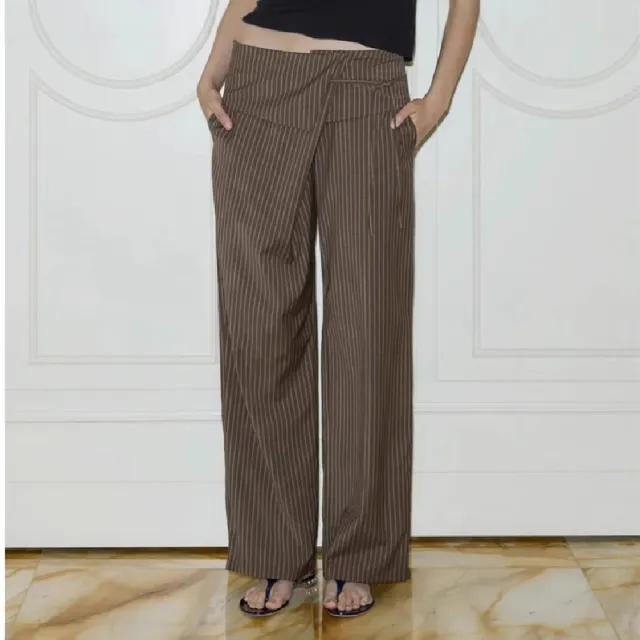 Women's Striped Casual Lace Up Loose Trousers Dark Brown - Shop at LoveMi