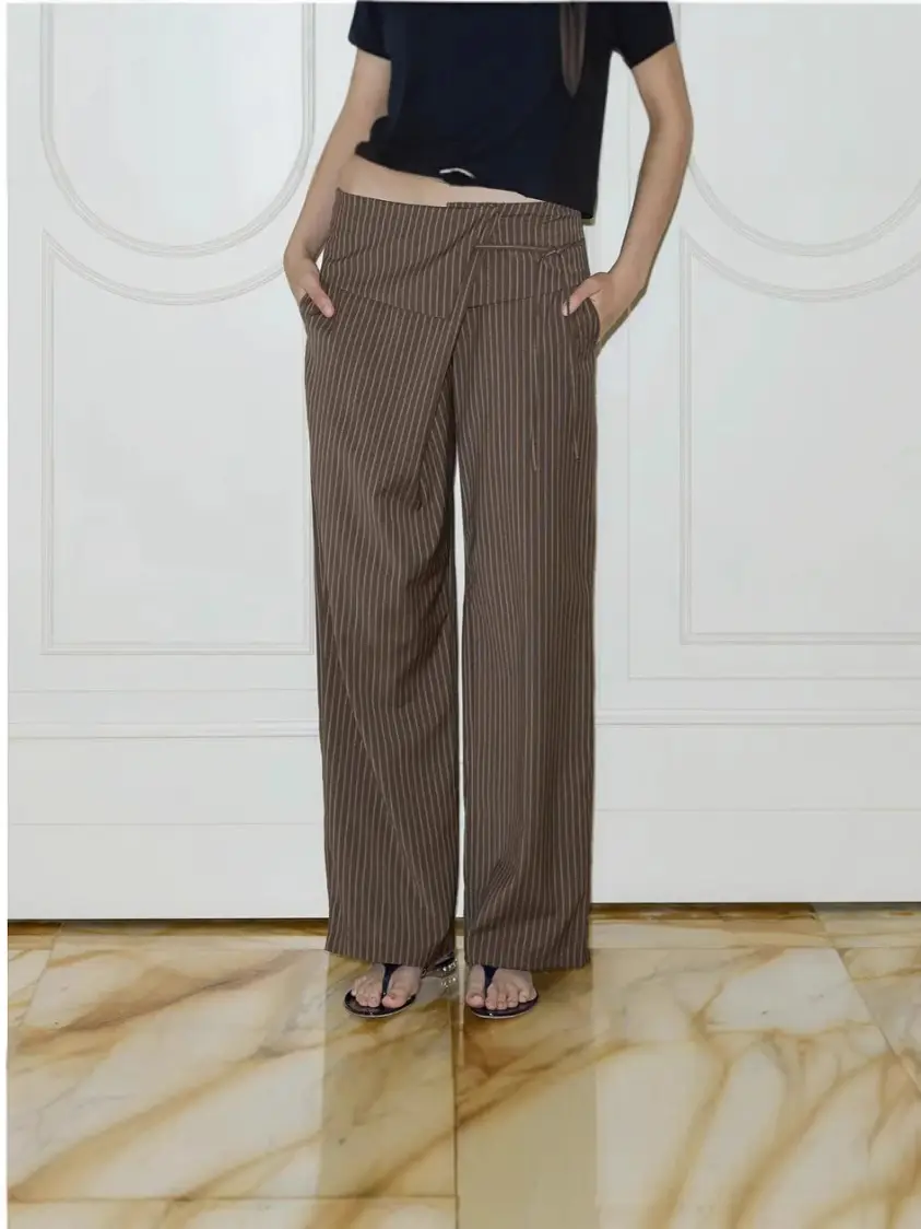 Women's Striped Casual Lace Up Loose Trousers