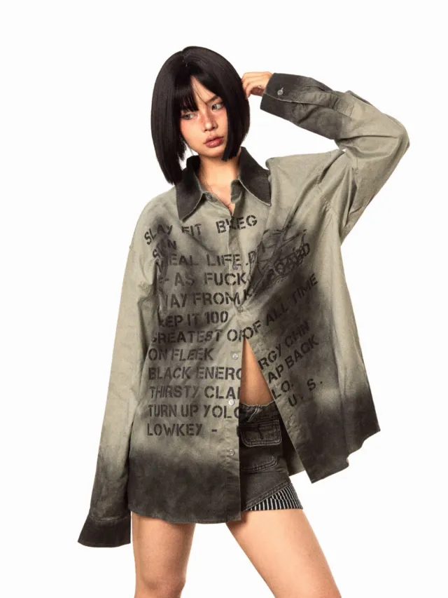 Letter Distressed Printed Long sleeved Shirt Retro Gradient Loose Casual Women Gray - Shop at LoveMi