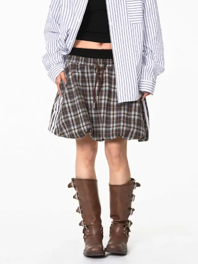 Sweet Cool Plaid Stitching Skirt Women Coffee - Shop at LoveMi