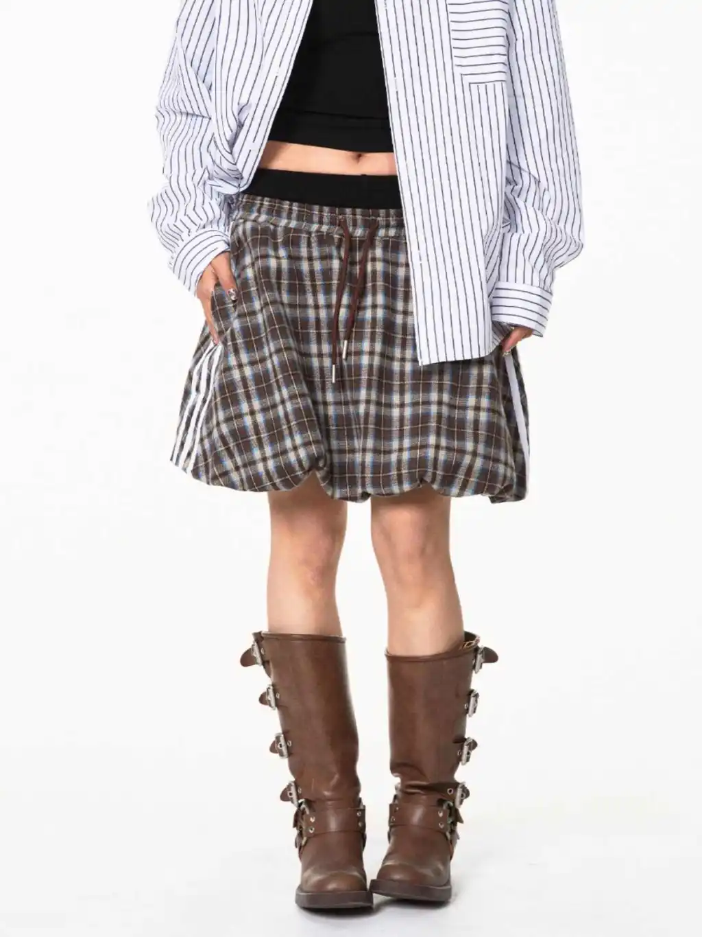 Sweet Cool Plaid Stitching Skirt Women - Coffee