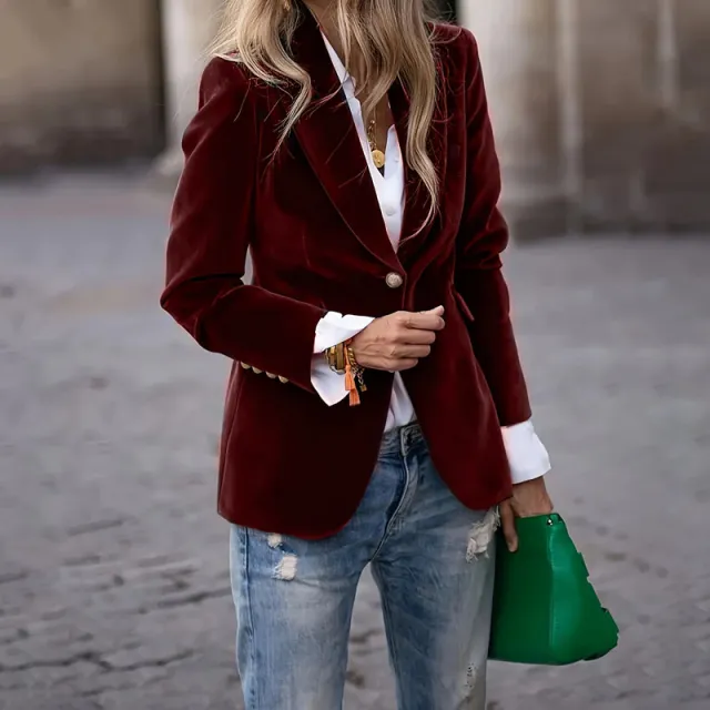 Velvet Lapel Casual Suit Business Fashion Slim Single breasted Jacket Outwear Clothing For Women Wine Red - Shop at LoveMi
