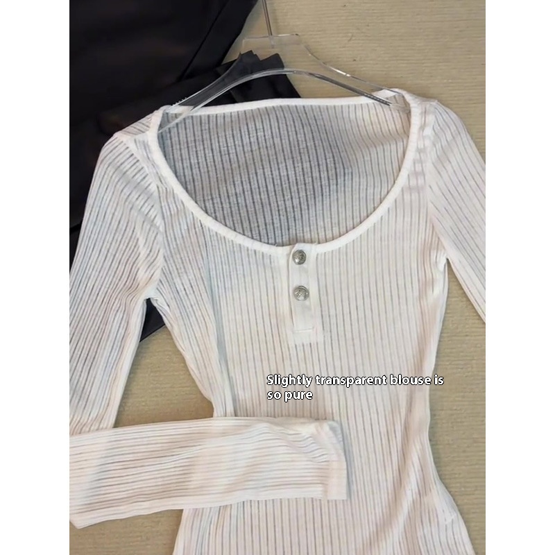 Pure Sexy Hot Girl Slim-fit Micro Transparent Long-sleeved T-shirt For Women