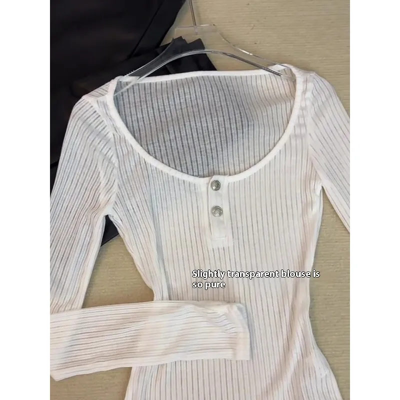 Pure Sexy Slim-fit Micro Transparent Long-sleeved T-shirt For Women - White