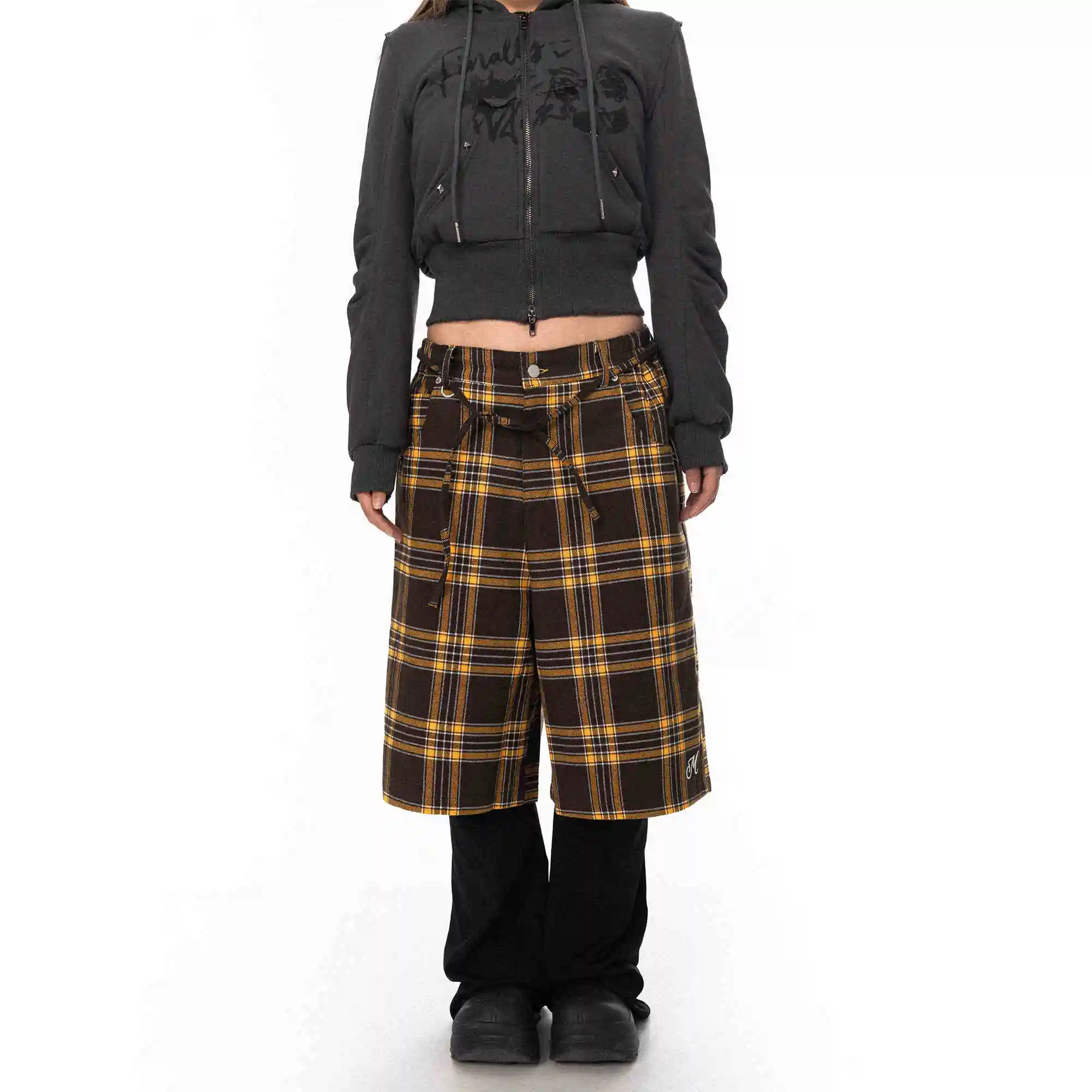 Retro Plaid Pants Women's Loose Casual Straight-leg Wide Leg Shorts