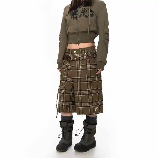 Retro Plaid Pants Women's Loose Casual Straight leg Wide Leg Shorts Green Brown Plaid - Shop at LoveMi