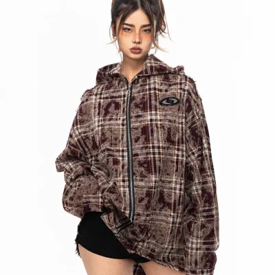 Retro Plaid Hooded Zip Jacket - Red Plaid