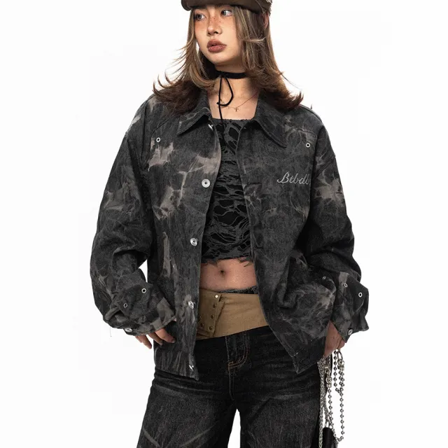 Tie dyed Embroidered Denim Coat For Women Black - Shop at LoveMi