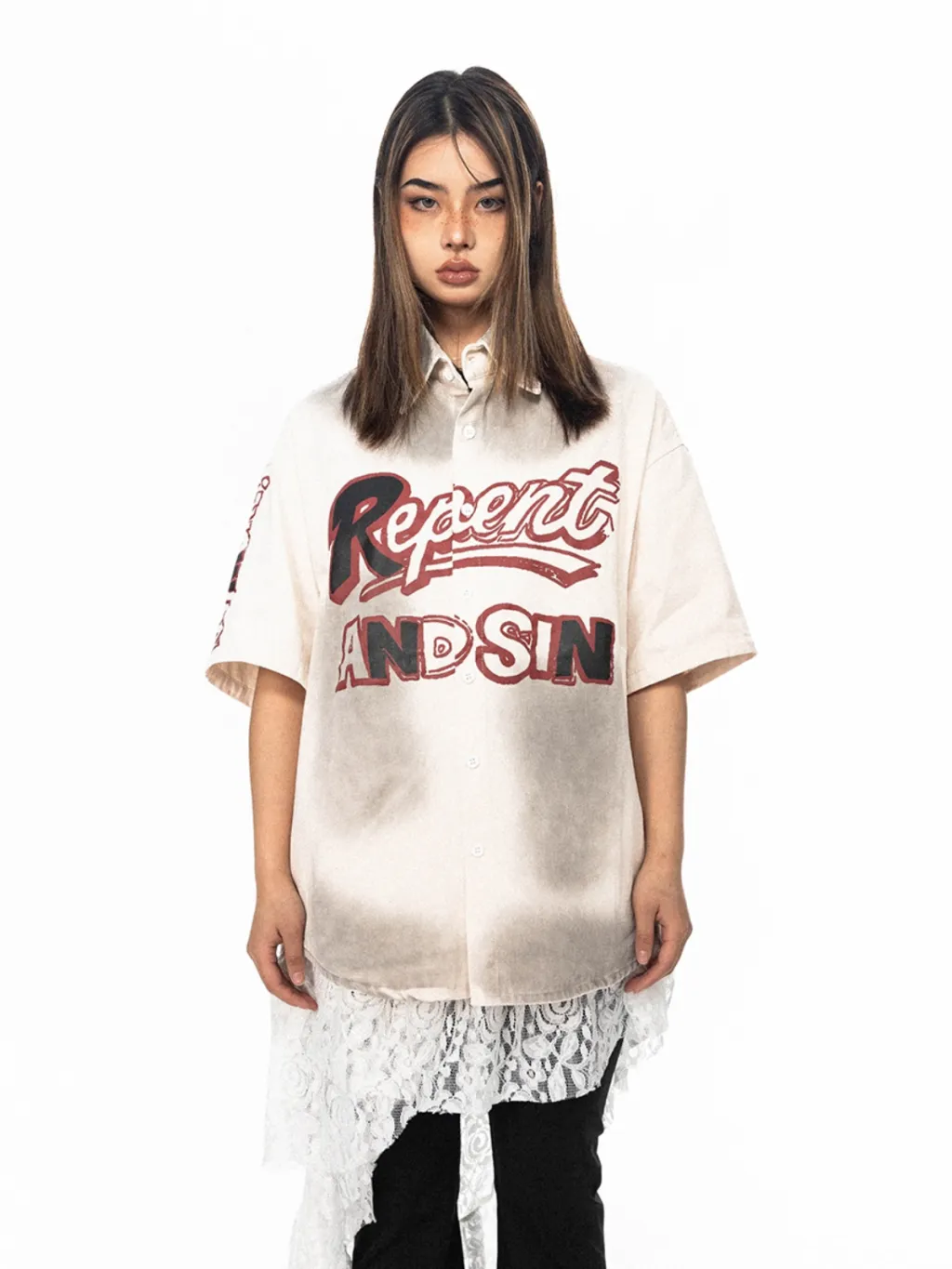 Wu Lekvar American Tie-dye Letter Print Shirt - Apricot