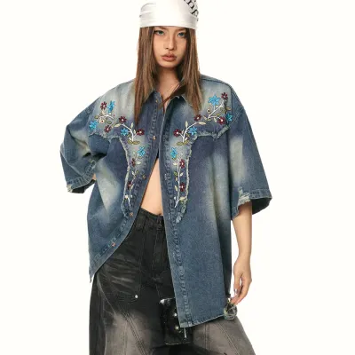 Washed out Vintage Stitching Embroidered Floral Denim Shirt Sea Salt Blue - Shop at LoveMi