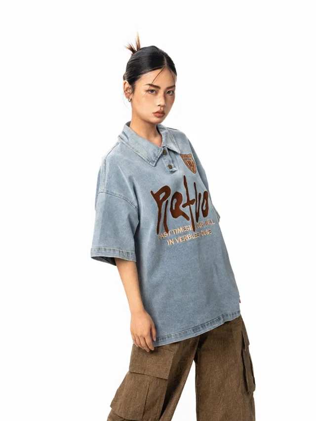 Embroidered Denim Short Sleeve Retro Neutral Loose Blue - Shop at LoveMi